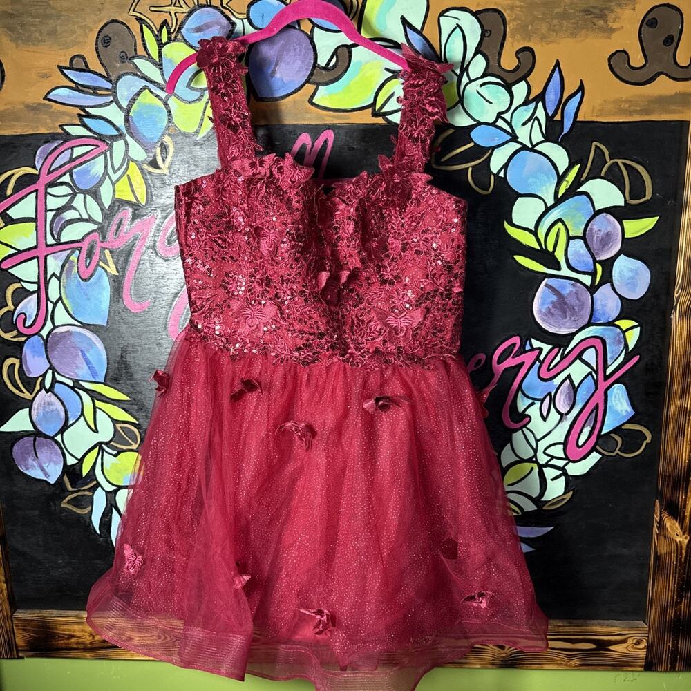 Wedding Prom Formal Sequin Glitter Butterfly Dress, Size 14, Maroon